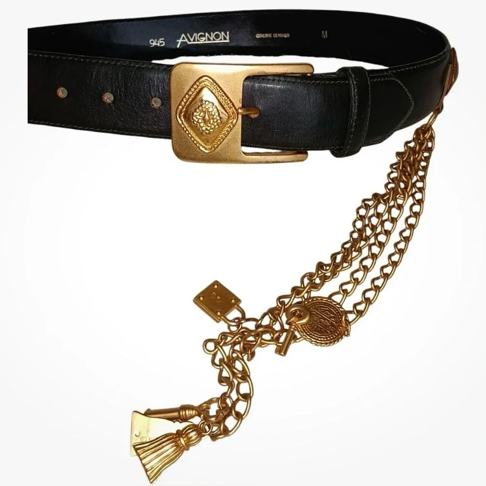 ESCADA Women’s Collaboration with Avignon Black Leather Belt Gilded Gold Charms